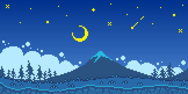 Colorful simple vector pixel art horizontal illustration of night over mountain snowy peak in the style of retro platformer video game level