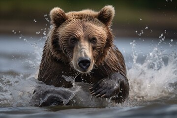 Plakat The young Kamchatka brown bear, Ursus arctos beringianus catches salmons at Kuril Lake in Kamchatka, running and playing in the water, action picture. Generative AI