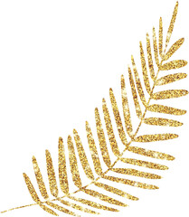 Hand-drawn golden branch with leaves, a shiny, sparkling leaf of an abstract plant, a dried leaf of a palm tree