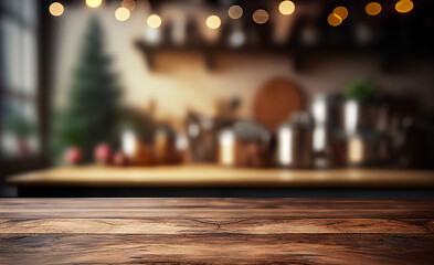Empty wooden desk with blurry rustic kitchenbackground. Frame product display stand nature background concept. Generative AI.