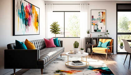 A modern living room with molding painting art, includes sofa and chair, generative ai