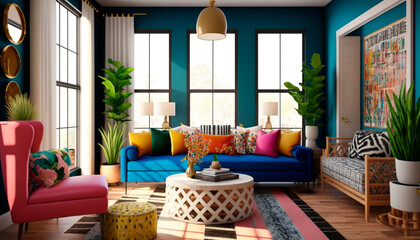 Fototapeta premium A living room with a bold, colorful aesthetic with cheerful walls and vibrant furniture, generative ai