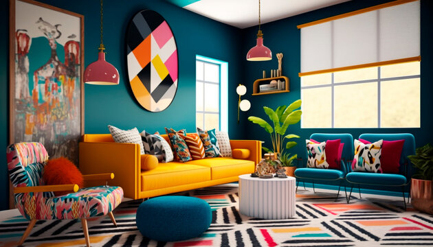 A living room with a bold, colorful aesthetic with cheerful walls and vibrant furniture, generative ai