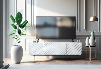 Fototapeta na wymiar Modern mockup screen TV on white wall in room with stylish furniture, AI Generated