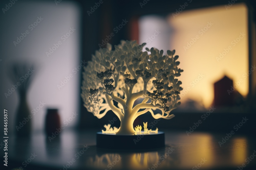 Poster a tree is lit up on a table with a window in the background forest kinetic art lighting design gener