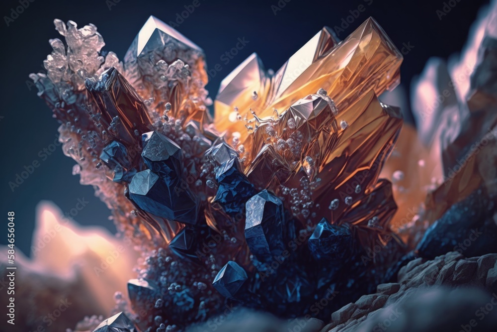 Poster a cluster of crystals is shown in this image with a dark background lunar landscape macro photograph