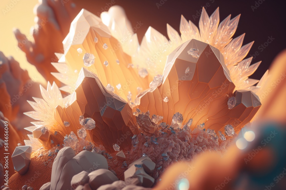 Poster a computer generated image of a cluster of rocks and crystals in a desert lunar landscape animation 