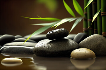 Obraz na płótnie Canvas Spa background with water, stones and bamboo. Generative AI