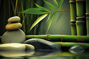 Spa background with water, stones and bamboo. Generative AI