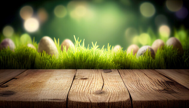 Empty wooden desk with blurry easter background. Frame product display stand nature background concept. Generative AI.