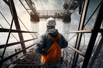Man builder in helmet and work clothes builds a multi-story building view from the back and looks city, the safety of work insurance, industry. Generative AI.