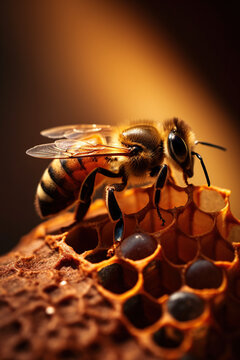 Detailed macro image of a bee collecting honey in a beehive generative ai. Bee on a honeycomb in a hive
