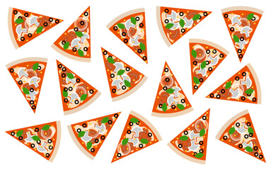 Pattern background made of top view of pizza pieces on white background - 584657068