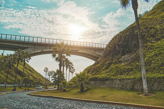 Sunset view from La Bajada de Balta in Miraflores, in the city of Lima. Peru