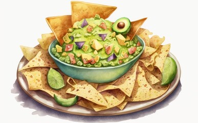 drawn guacamole nachos watercolor traditional Mexican cuisine healthy organic food illustrations Generative AI