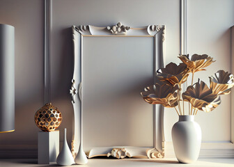 Vintage Frames mockup photo on white background with vases in interior, AI Generated