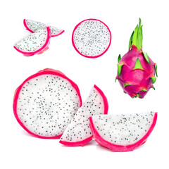 Fresh whole, half and sliced dragon fruit or pitahaya (pitaya) isolated on white background. Package design element