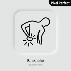 Backache thin line icon. Man touching his back. Osteoporosis, arthritis symptom.  Pixel perfect, editable stroke. Vector illustration.