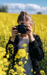 Woman in black jacket and striped shirt uses a DSLR camera, photographing a field of bright yellow flowers.