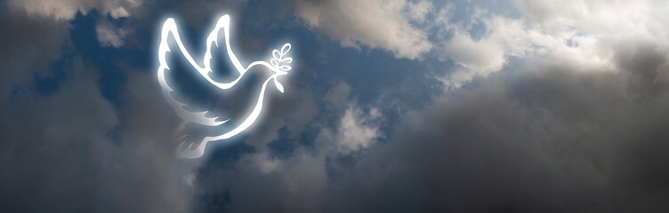 The symbol of peace among the clouds. White dove soaring into the sky with bright sunlight.