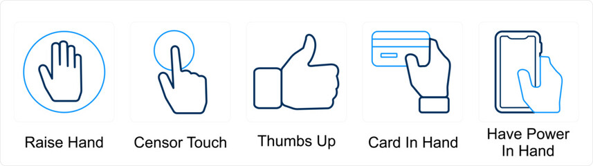 A set of 5 Mix icons as raise hand, censor touch, thumbs up