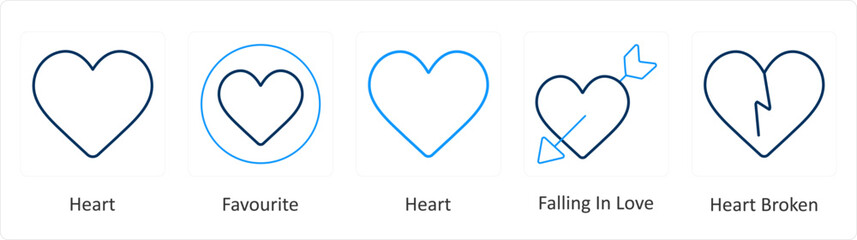 A set of 5 Mix icons as heart, favorite, falling in love
