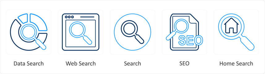 A set of 5 Mix icons as data search, web search, search