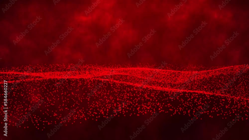 Poster Abstract red with dust particle on the white background. Beautiful wave shaped array of glowing dots. Blurred lights vector abstract background.