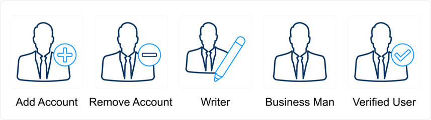 A set of 5 Mix icons as add account, remove account, writer
