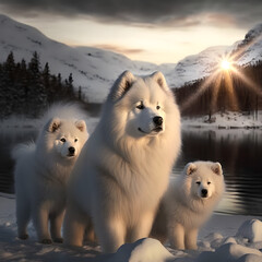 polar bear in the region.photorealistic samojed with 2 samojed puppys in snowstorm on a snowy mountain with a frozen lake in the background and some sunlight - obrazy, fototapety, plakaty