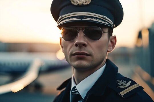 portrait of airplane pilot captain with glasses at airport at airfield. Generative AI