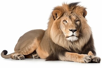 Obraz na płótnie Canvas Male adult lion lying down, Panthera leo, isolated on white. Generative AI