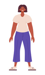 Happy woman stand full body. Portrait of a beautiful girl in a beige t-shirt and purple pants who accepts herself and loves her body. Bodypositive and feminism concept. Ready for animation. 