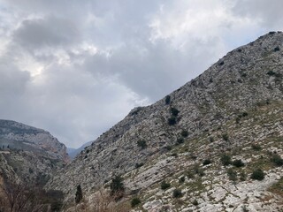 A beautiful view of the big mountains. There are bushes, trees, and grass growing on the mountains. There is an overcast sky in the background. The sun is completely obscured by clouds.