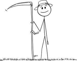 Farmer With Scythe Mowing Grass , Vector Cartoon Stick Figure Illustration