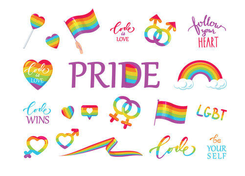 Lgbt related icons flag, rainbow, heart, gender signs. Isolated on white background. Vector illustration.