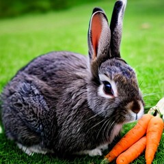 Naklejka premium A black-white rabbit with carrots by Generative AI