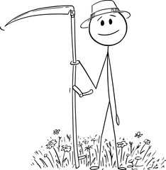 Farmer With Scythe Mowing Grass , Vector Cartoon Stick Figure Illustration