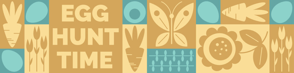 Horizontal Happy Easter or spring themed motifs poster in modern geometric abstract style. Egg hunt time. For Holiday covers, posters, banners, greeting card. Cute bunny, eggs, flowers, carrots