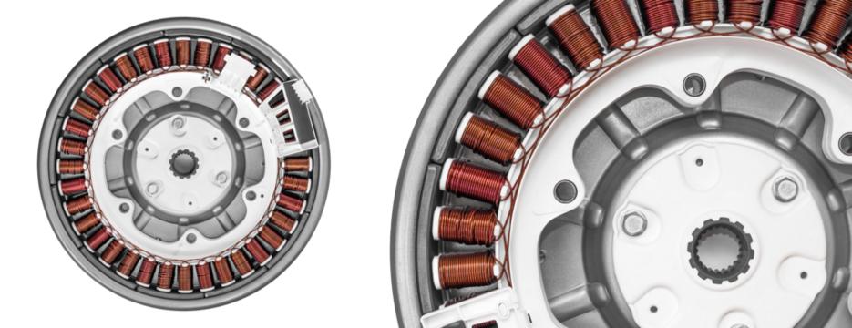 Electric motor washing machine. Details of automatic engine washer on white background.