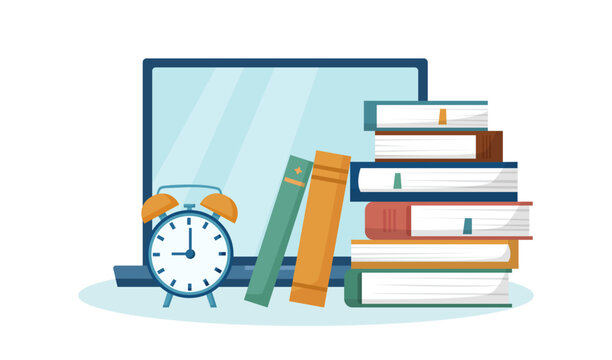 Online education and back to school concept. Screen of laptop, books and alarm clock on white background.	
