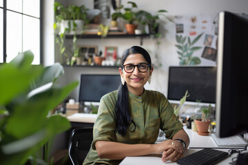 Portrait of experienced middle aged Indian female designer at her workspace