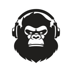 gorilla headphones mascot logo ,hand drawn illustration. Suitable For Logo, Wallpaper, Banner, Background, Card, Book Illustration, T-Shirt Design, Sticker, Cover, etc