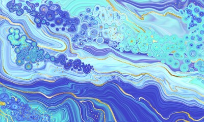 Marble Blue and Gold Abstract Background. Fluid Acrulic Art Imitation.