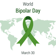 World bipolar day on March 30 concept. Vector illustration of world map with green awareness ribbon and text for social poster, banner, card, flyer