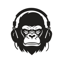 gorilla headphones mascot logo ,hand drawn illustration. Suitable For Logo, Wallpaper, Banner, Background, Card, Book Illustration, T-Shirt Design, Sticker, Cover, etc