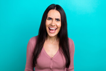 Photo portrait of young angry dissatisfied lady wear casual clothes screaming annoyed negative problems isolated on aquamarine color background - obrazy, fototapety, plakaty