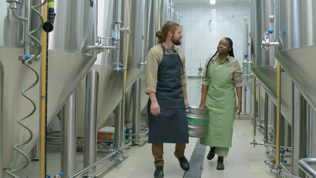 Full shot of Caucasian male and African American female brewery workers in aprons walking along fermentation tanks, carrying full heavy beer keg together, smiling and chatting