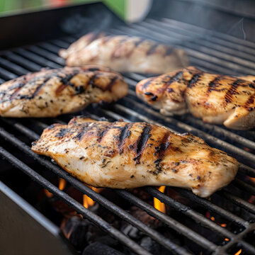 Group of chicken pieces with grill marks on the grill created with Generative AI technology