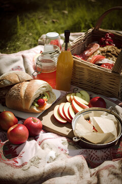 Picnic basket with sandwiches and fruit on a blanket created with Generative AI technology